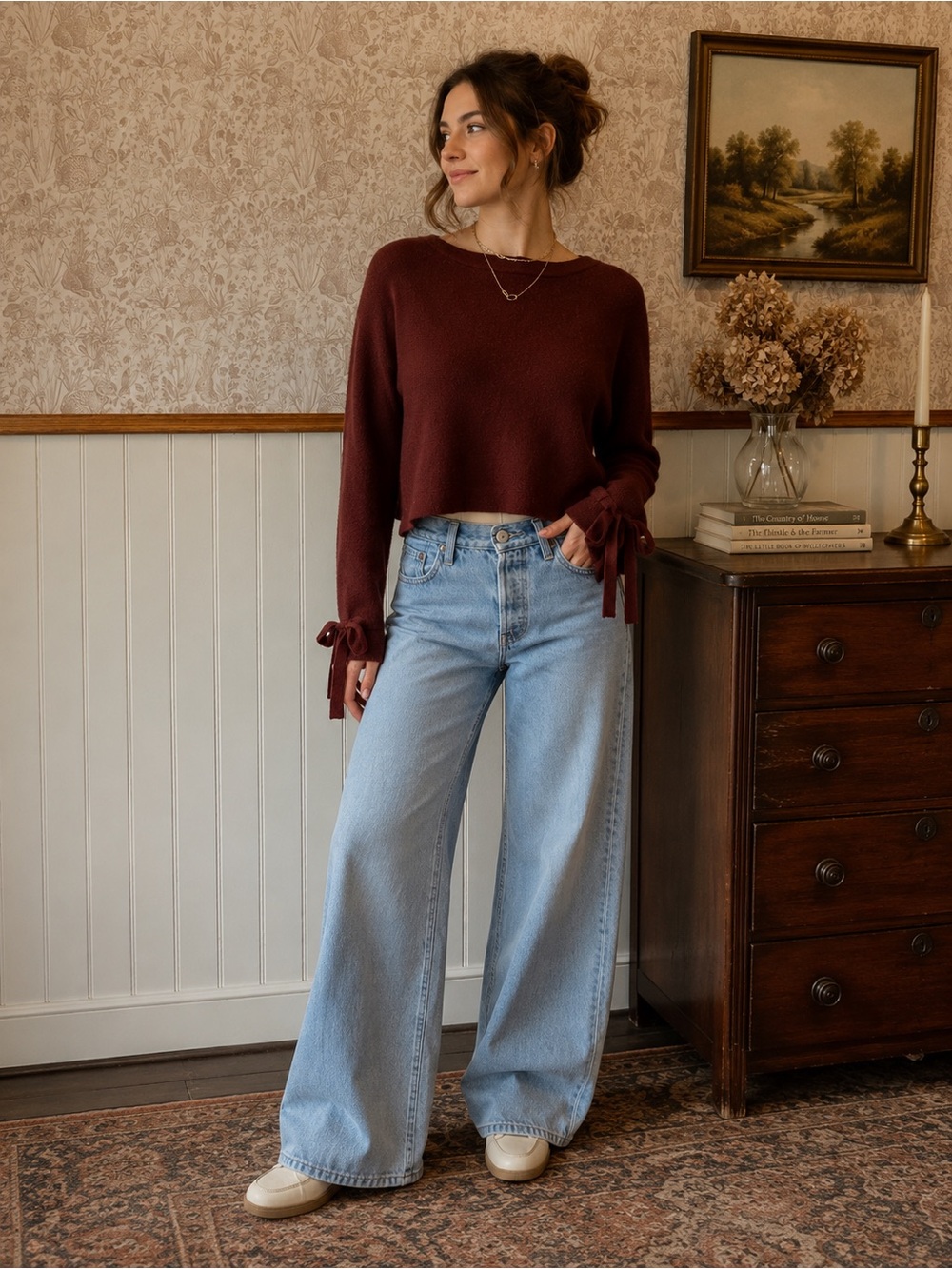 Wilfred Burgundy Tie-Sleeve Cropped Knit Sweater – Size XS
